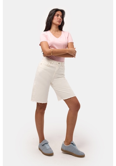 Itsbasic Kadın Kırık Beyaz 7s6-101 Mom Midi %100 Koton Denim Şort