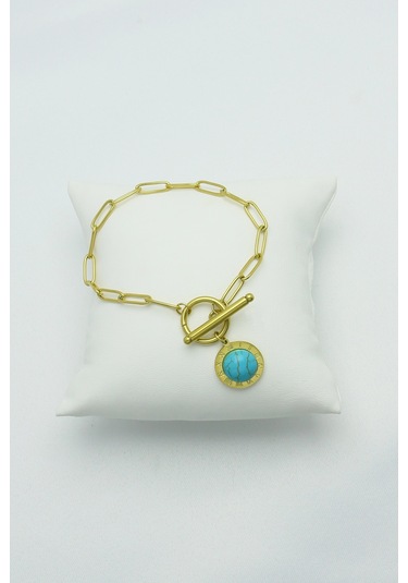 Altın Kaplama Seri Kararmaz Turkuaz Taşlı Roma Rakamlı Çeli Gold Altın