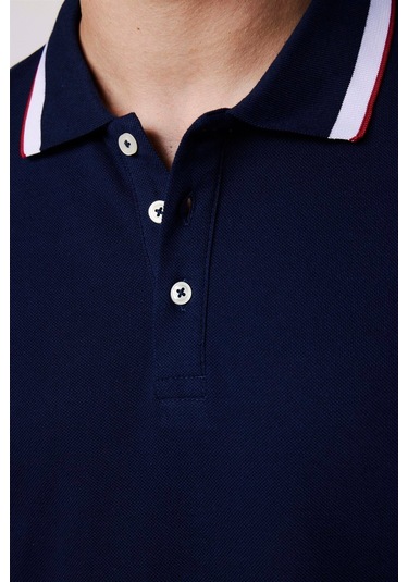 Erkek Slim Fit Dar Kesim %100 Pamuk Düz Pike Kol Şeritli Lacivert Polo Yaka Tişört-27689 Lacivert