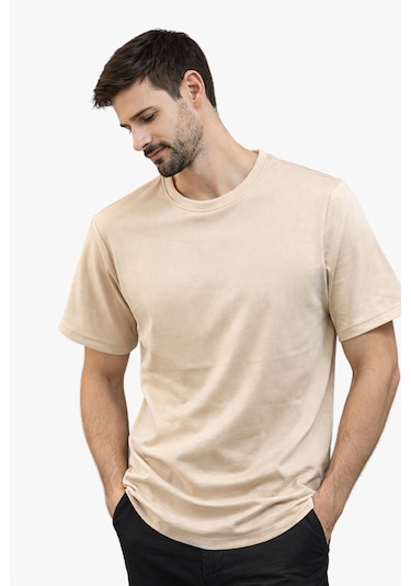 Mekaizen Erkek Basic T-shirt 4 Mevsim Premium Kumaş, Bisiklet Yaka, Rahat Kesim Bej