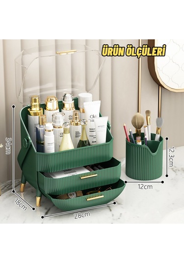 Çekmeceli Makyaj Kutusu Ve Düzenleyici Kozmetik Eşya Masa Üstü Organizer Yeşil