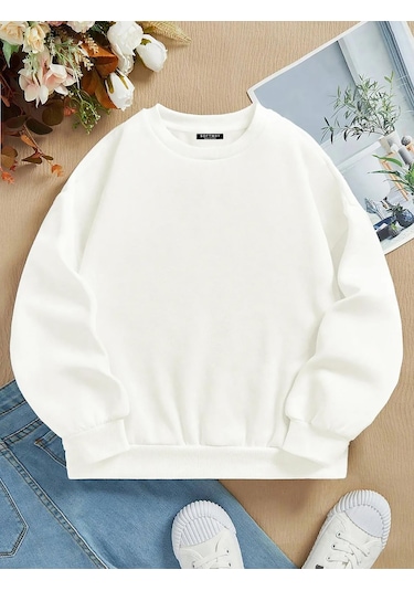 Unisex Oversize Bisiklet Yaka Basic Düz Sweatshirt - Ekru