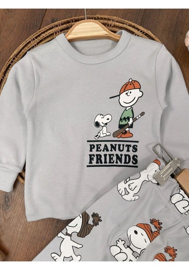 Bisiklet Yaka Peanuts Friends Baskılı Alt Üst Pijama Takımı 4bb2 Gri