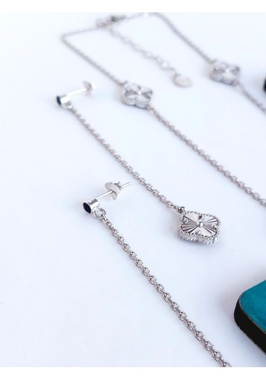 Aynalı Fransız Yonca Tasarım Kolye Küpe Gümüş Kadın Set