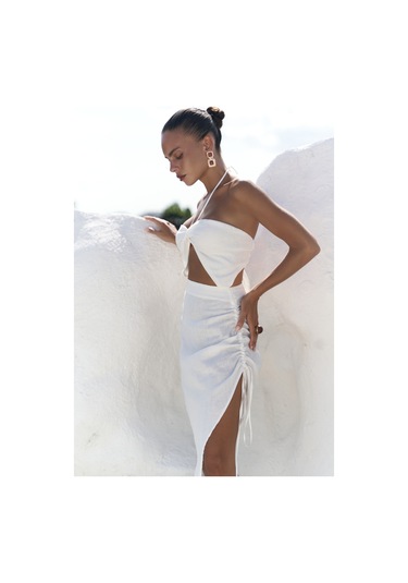 Abrossa Boyundan Bağcıklı Asimetrik Ekru Keten Elbise Ekru