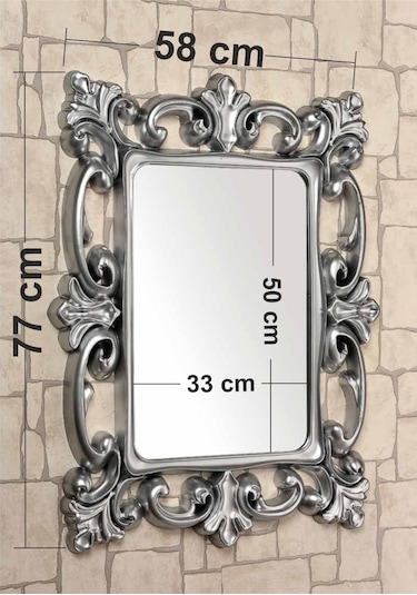 Gümüş Yaldız Dev Büyük Banyo Salon Duvar Boy Aynası 58x77 CM Gümüş