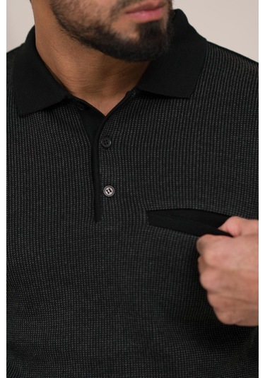 Woolen World Polo Yaka Cepli Armürlü Yünlü Erkek Triko Kazak Siyah