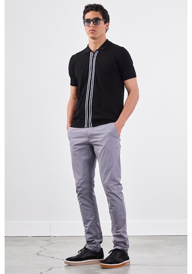 Siyah Polo Fermuar Yaka Düz Kısa Kollu Slim Fit Erkek Triko Siyah