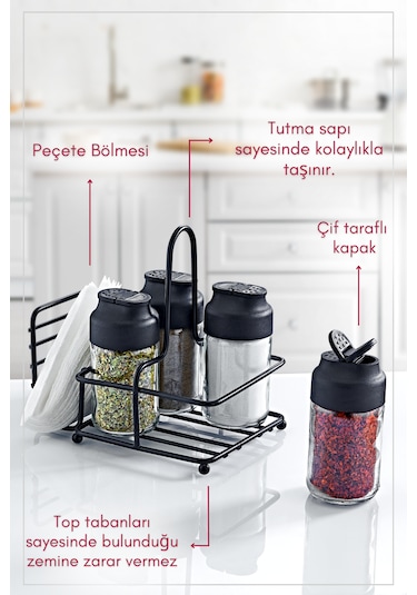 Perla Metal Standlı Peçetelikli 4'lü Çift Kapaklı Cam Baharatlık