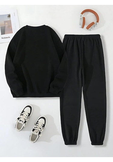 Düz Kalın Kışlık Eşofman Takımı - Siyah Sweatshirt Jogger Oversize Sıfır Yaka Siyah
