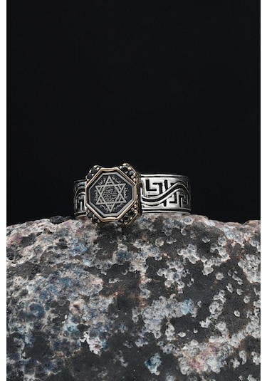 Grek Desenli 925 Ayar Gümüş Erkek Yüzüğü Hz. Süleyman Mührü 901232