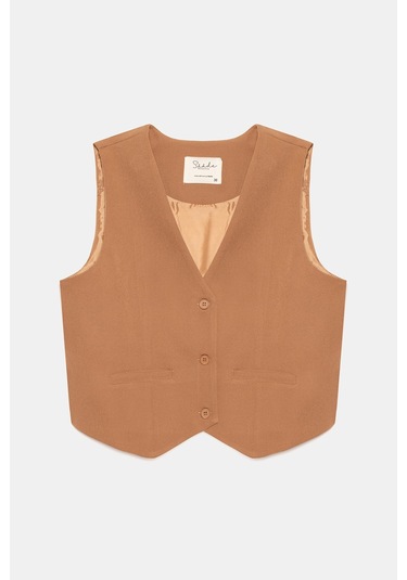 Saade Sââde Kadın V Yaka Düğmeli Klasik Dokuma Blazer Yelek Camel