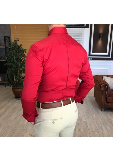Italyan Stil Slim Fit Dik Yaka Saten Erkek Kırmızı Gömlek T4113