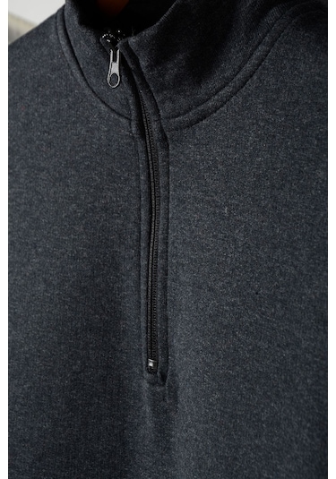 Erkek Füme Yarım Fermuarlı Basic Düz Sweatshirt Füme