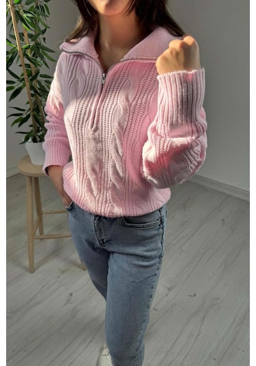 Explode - Kadın Pembe Fermuarlı Yaka Oversize Örgülü Triko Kazak Pembe