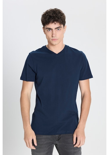 Ac&Co / Altınyıldız Classics Slim Fit Dar Kesim V Yaka Pamuklu Erkek Tişört Lacivert