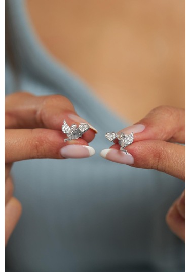 Zirkon Taşlı Rodyum Eros Aşk Meleği Çivili Gümüş Küpe Gümüş