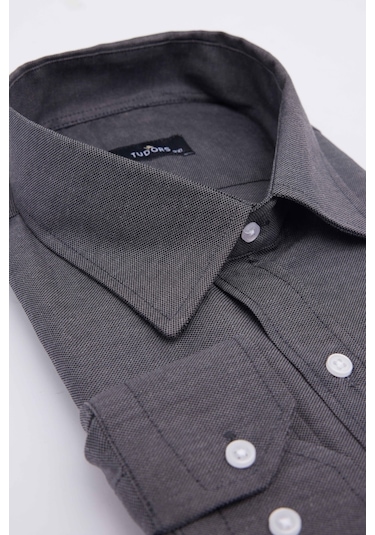 Tudors Büyük Beden Uzun Kollu Kolay Ütü Kravatlık Armürlü Pamuklu Gri Erkek Gömlek-31271-gri