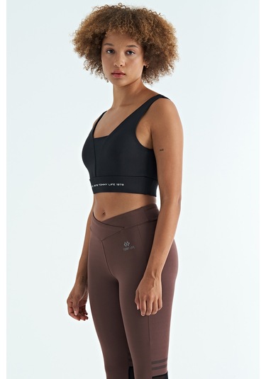 Tommy Life Siyah Yazı Baskılı Renk Bloklu Dar Kalıp Dalgıç Kumaş Kadın Büstiyer - 97271 Siyah