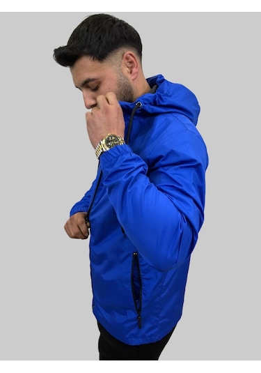 Erkek Kapüşonlu File Detaylı Saks Mavisi Yağmurluk Saks Mavisi Saks