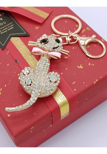 Kristal Taşlı Pembe Papyon Kedi Anahtarlık No.1 Gümüş