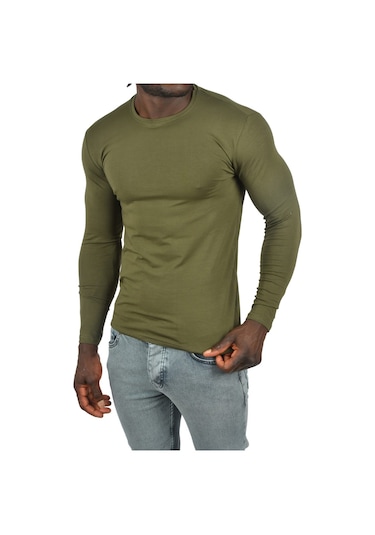 Deepsea Erkek Haki Uzun Kollu Dar Kalıp Ince Sıfır Yaka Sweatshirt 2300423 False Haki