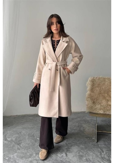 Neşeli Butik Kadın Kuşak Detaylı Astarlı Kaşe Kaban Nbg120 Bej