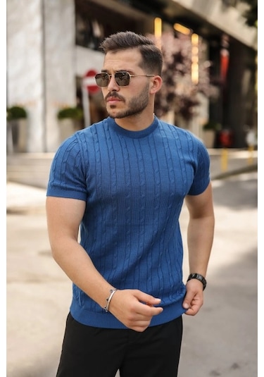 Valensdesign Erkek Örgü Desen Bisiklet Yaka Triko Tişört - %100 Pamuk Akrilik Saks