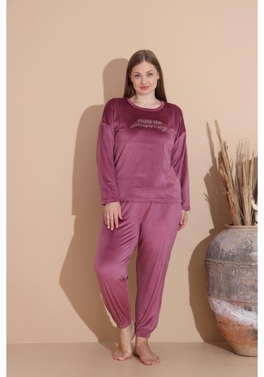 Boyraz Kadın Kışlık Fransız Kadife Büyük Beden Bisiklet Yaka Uzun Kol Pijama Takımı 03147 - 1 Adet Gülkurusu