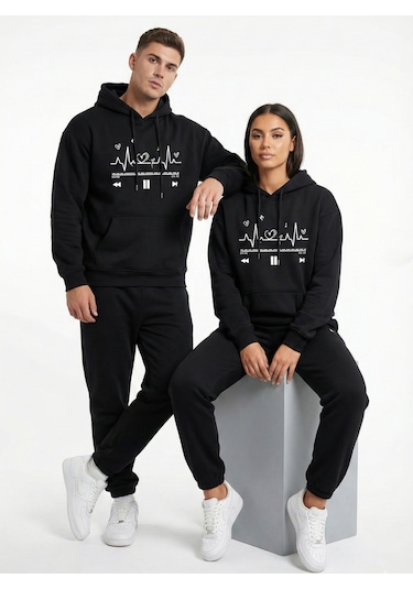 Nevermind Unisex Oversize Kalp Ritmi Baskılı Çift Hoodie Siyah