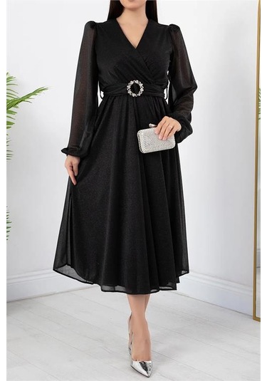 Neşeli Butik Kadın Kemer Ve Vatka Detaylı Simli Midi Elbise Rymy3590 Siyah