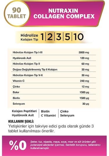 Nutraxin Collagen Beauty Complex 90 Tbl - Hidrolize Tip 1, 2, 3, 5, 10, Biotin, Zinc, Bakır, Hya, Selenyum