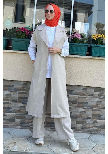 Apoletli Çizgili Takım Bej Çok Renkli