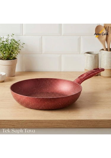 26 Cm Granit Tek Saplı Tava - Kırmızı Kırmızı