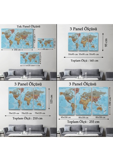 Dünya Haritası Türkçe Kanvas Tablo Ayrıntılı Dekoratif-okyanuslu 2182 95 X 55