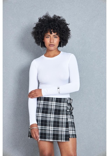 Kadın Siyah Ekoseli Toka Detaylı Mini Etek Dm2029 Siyah