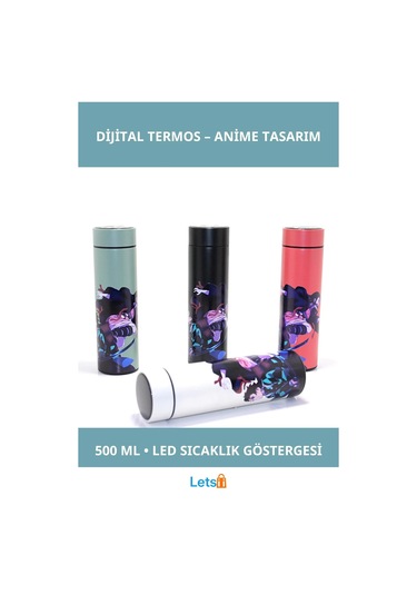 Anime Baskılı Paslanmaz Çelik Dijital Göstergeli Termos 500 Ml Çok Renkli