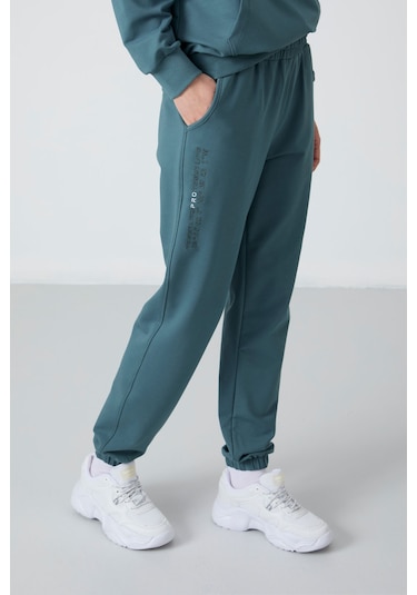 Tommy Life Orman Yeşili Kapüşonlu Kanguru Cep Oversize Lastik Paça Kadın Eşofman Takımı - 95288 Yeşil