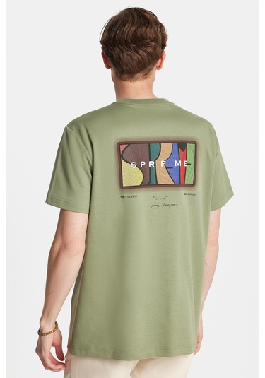 Relax Fit Rahat Kesim Pamuklu Ön Ve Arka Baskı Ve Nakış Detaylı Bisiklet Yaka Haki Tişört-34891 Haki