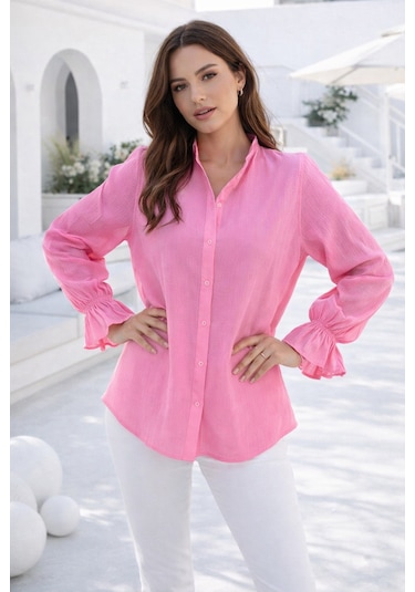 Rich Kadın Pembe Bürümcük Kumaşlı Lastik Kollu Hakim Yaka Gömlek Pembe