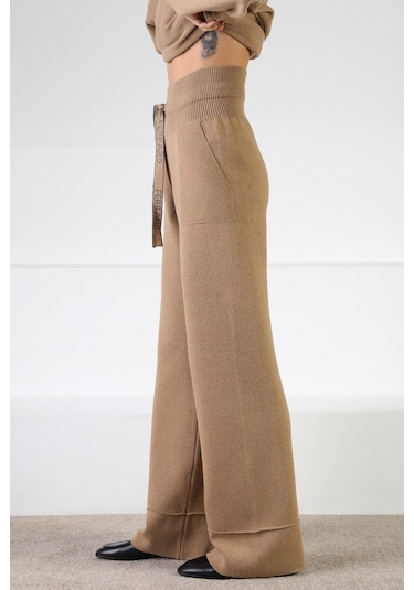 Ferraro Camel Beli Kuşaklı Cepli Kaşmirli Kadın Triko Pantolon Camel