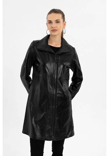 Siyah Hena Fermuarlı Geniş Kesim Uzun Kadın Hakiki Deri Kaban-siyah Siyah