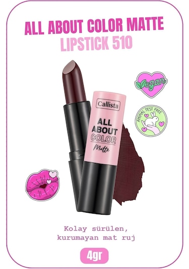 Callista All About Color Matte Lipstick Nemlendirici Mat Ruj - 510 Midnight Mulberry - Bordo