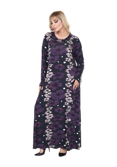 Melsay Butik Mor Gelincik Desen Uzun Kollu Kadın Tesettür Elbise Mor