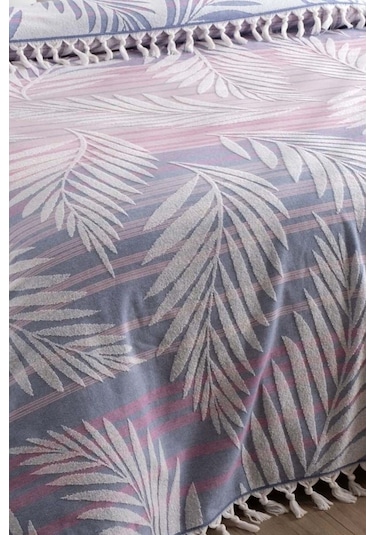 %100 Pamuk Havlu Saçaklı Bukle Yatak Örtüsü - Çift Kişilik & Püsküllü Pike - Bordo Çizgili İndigo İndigo