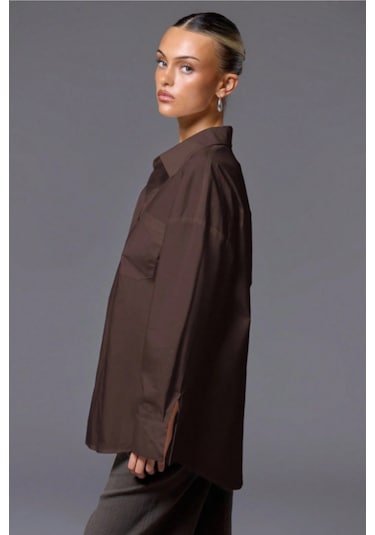 Tarz Cool Kadın Oversize Gömlek Uzun Kollu Basic Salaş Kesim Poplin Trend Şık Günlük Gömlek Kahverengi