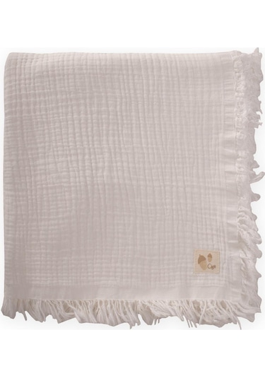 Cigit Dört Kat Püsküllü Battaniye 80x120 Cm Ekru Ekru