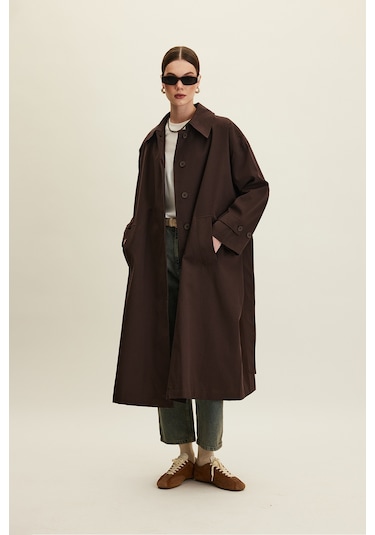 Manuka Kemerli Oversize Gabardin Trençkot Acı Kahverengi