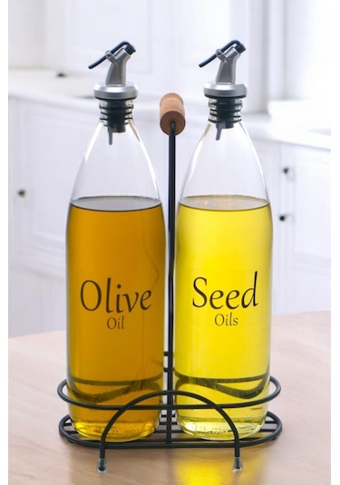 Digithome Aura 2'li Siyah Metal Standlı Ahşap Saplı Yağdanlık Seti Şeffaf Etiketli Cam Yağlık 1000 Ml Cys-19 Siyah