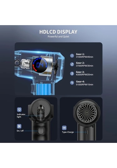 Honeybeeshop Siyah 51000 Rpm Yüksek Güçlü Kablosuz Elektrikli Hava Üfleyici 4 Hız Lcd Ekran Usb C Şarj Taşınabilir Hava Üfleyici Bilgisayar Klavye Oyun Konsolu Temizlik